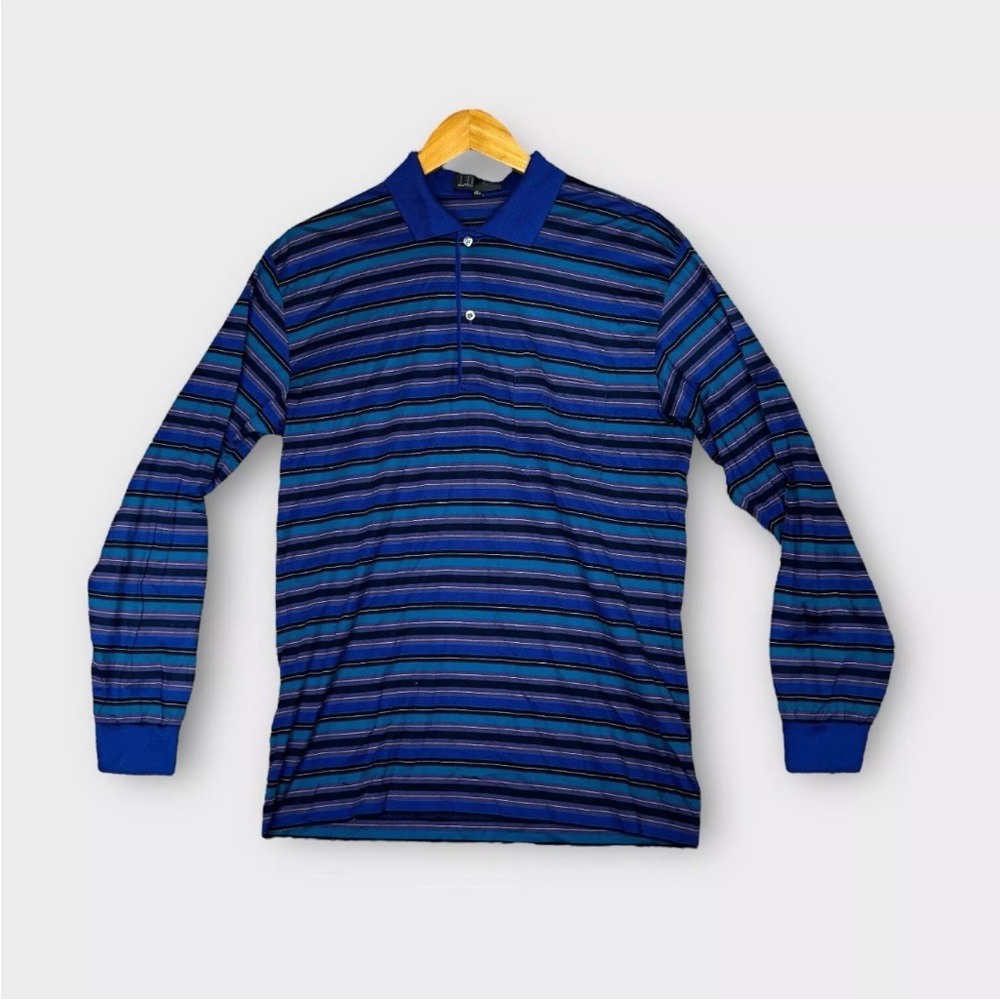 Dunhill Polo Shirt Short Sleeve Mens 40 Large Blue Striped Pure Cotton Italy